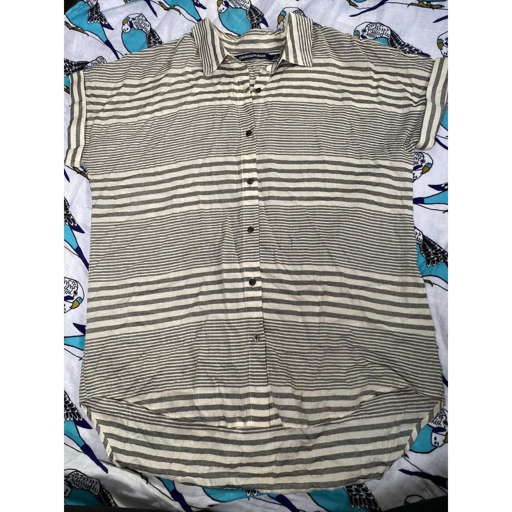 CALVIN KLEIN Women's Striped M Ivory Black S/S Button Down Shirt